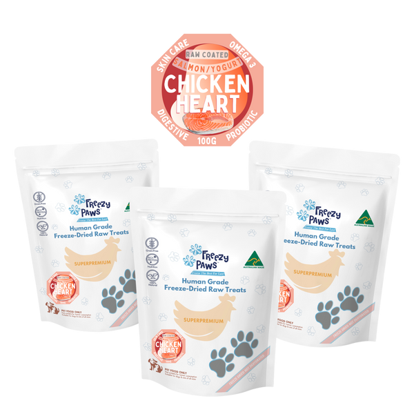 Triple Deal - FP Human Grade Freeze-Dried Raw Salmon Coated Chicken Heart Treats 300g (Bulk Buy 100g x 3 bags)