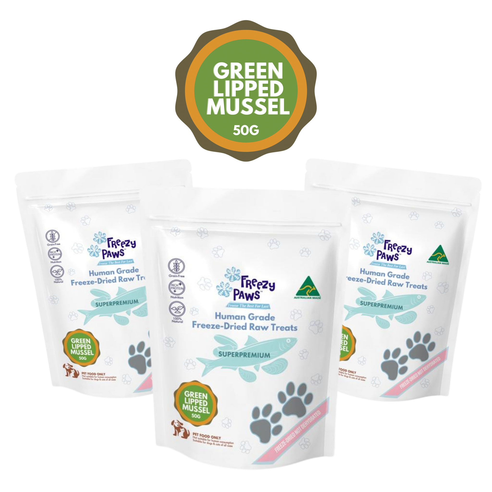 FP Human Grade Freeze-Dried Raw Green Lipped Mussels Treats Bulk Buy 150g (50g x 3)