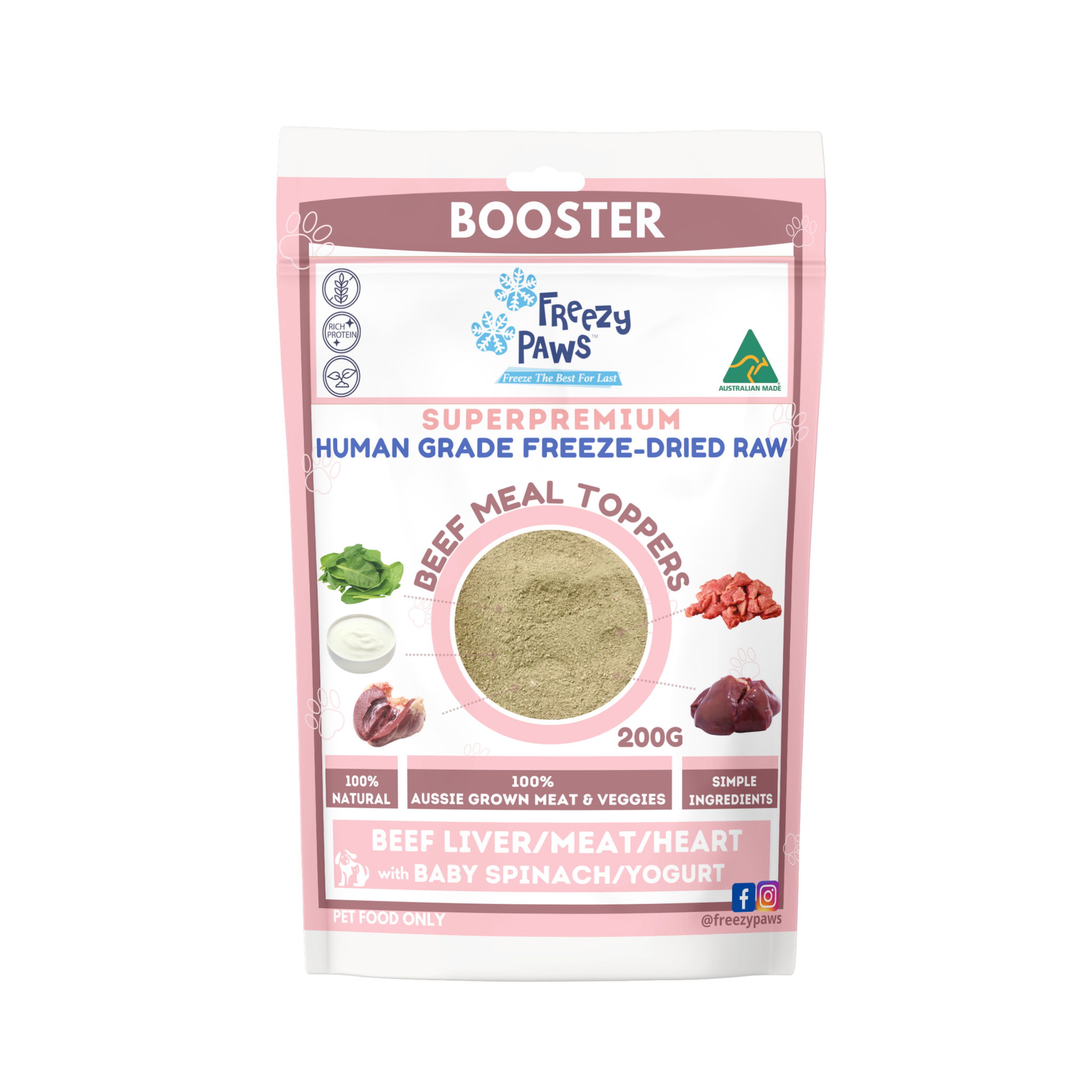 Freeze Paws Human Grade Freeze-Dried Beef Meal Topper Mix: Liver, Meat, Heart, Spinach & Yogurt (bulk 200G)