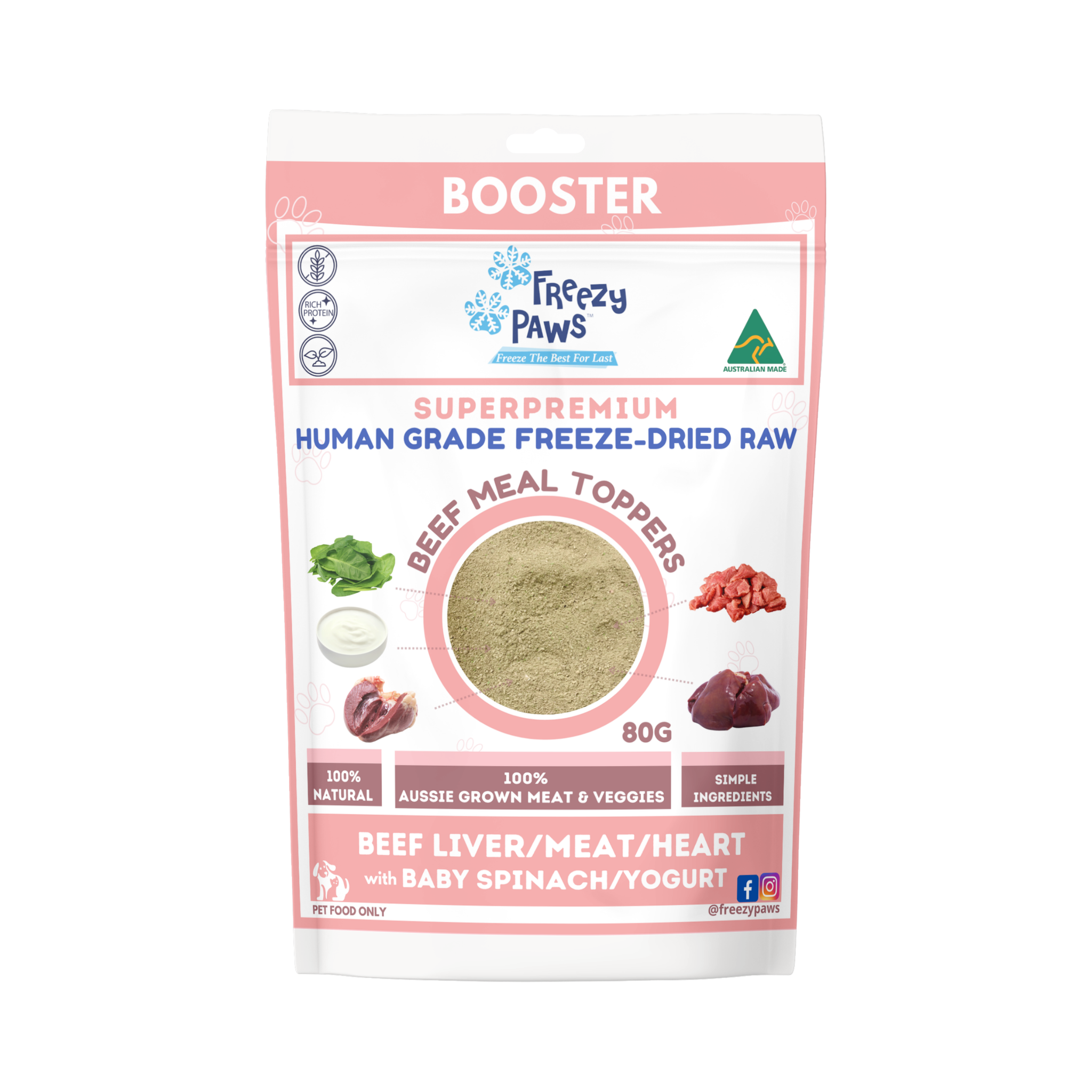 FP Human Grade Freeze-Dried Raw Beef Meal Topper Mix: Liver, Meat, Heart, Spinach and Yogurt (80g or 200g)