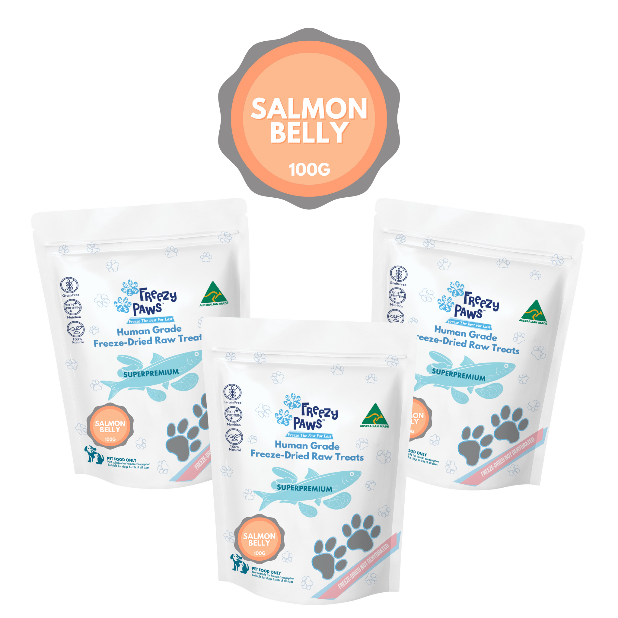 FP Human Grade Freeze0-Dried Raw Salmon Belly Treats 100g x 3 bags (Bulk Buy 300g)