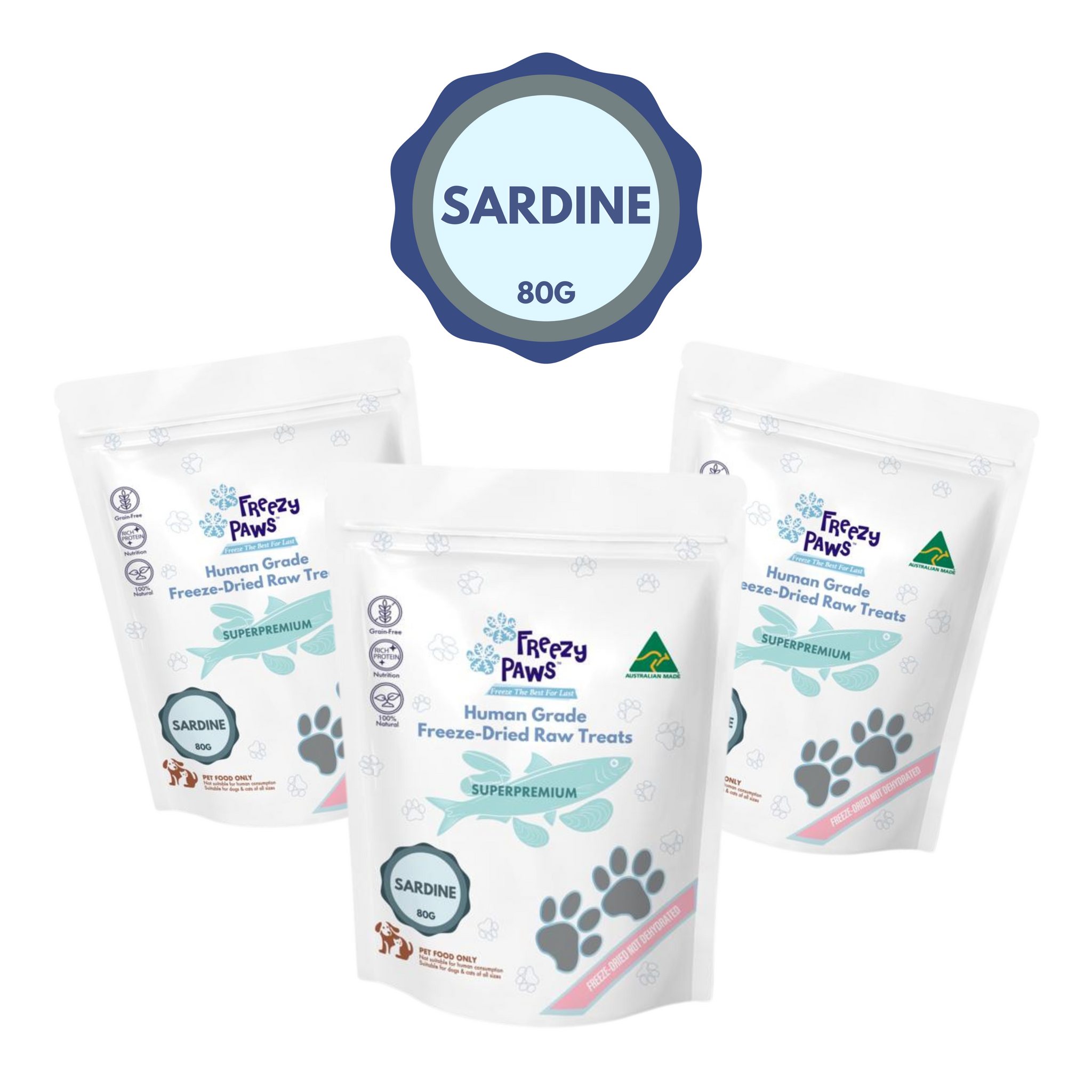 FP Human Grade Freeze-Dried Raw Whole Sardine Treats 80g x 3 Bags (Bulk Buy 240g)