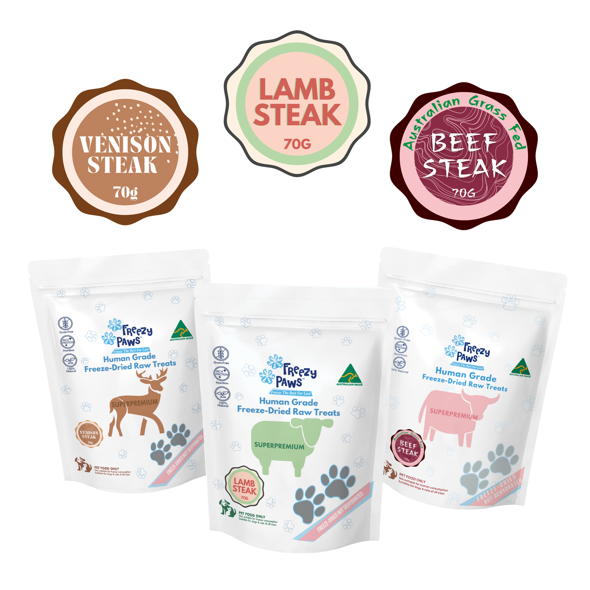Steakhouse Combo: Human Grade Freeze-Dried Raw Treats (Beef Steak, Lamb Steak & Venison Steak) x 3 bags