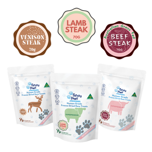 Steakhouse Combo: Human Grade Freeze-Dried Raw Treats (Beef Steak, Lamb Steak & Venison Steak) x 3 bags