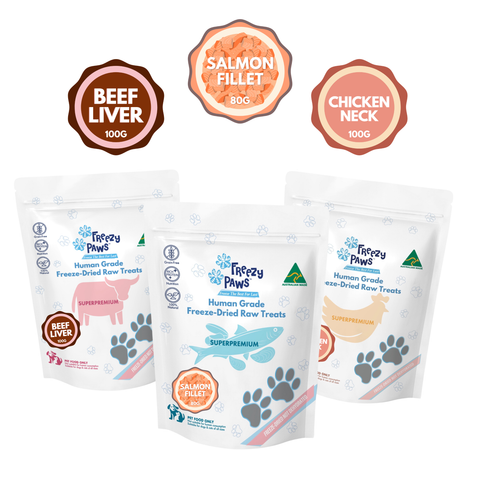 Super Deal Combo: Human Grade Freeze-Dried Raw Treats x 3 bags (Salmon Fillet, Chicken Neck & Beef Liver)