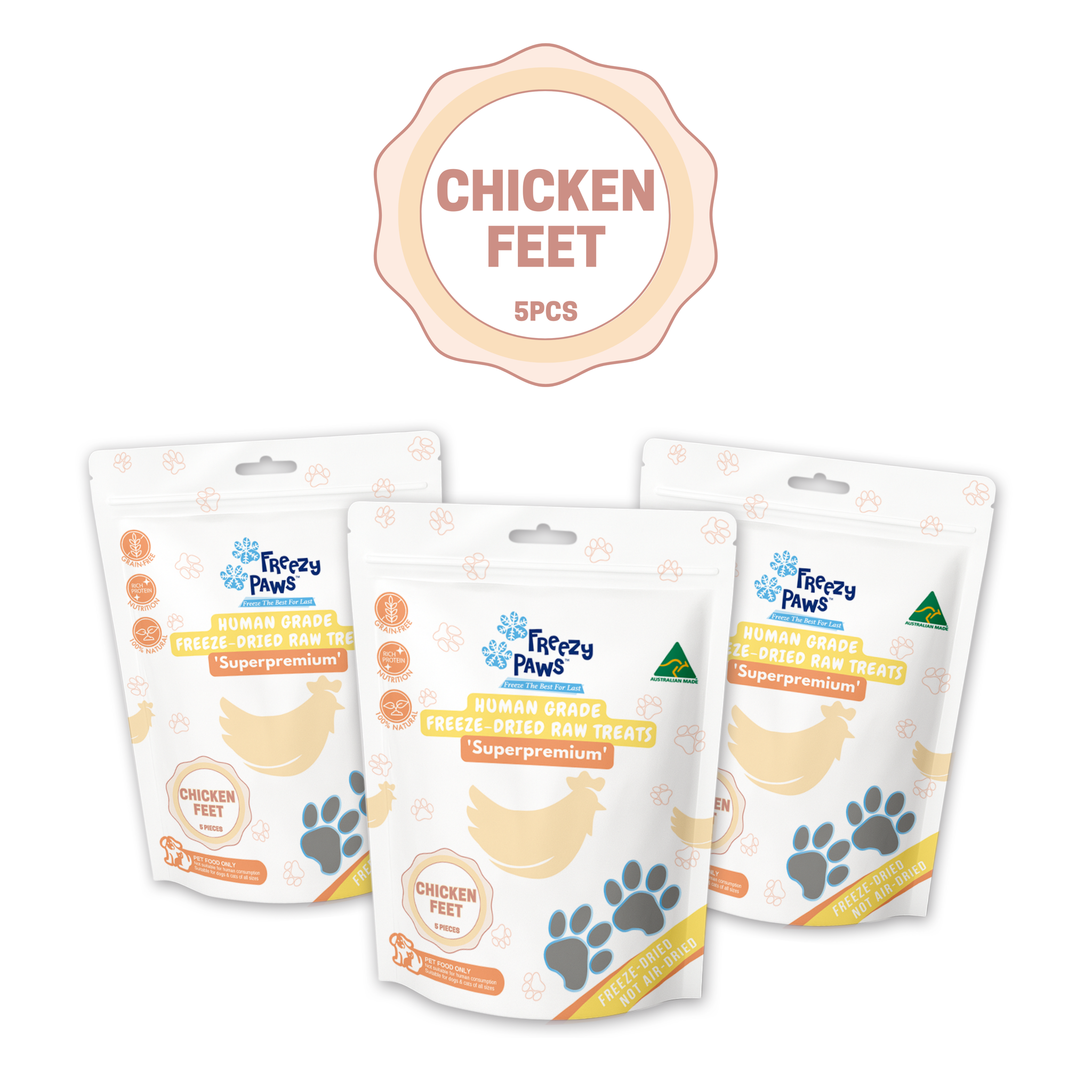 Triple Deal - FP Human Grade Freeze-Dried Raw Chicken Feet Treats 15 pieces (Bulk Buy 5pcs x 3 bags)