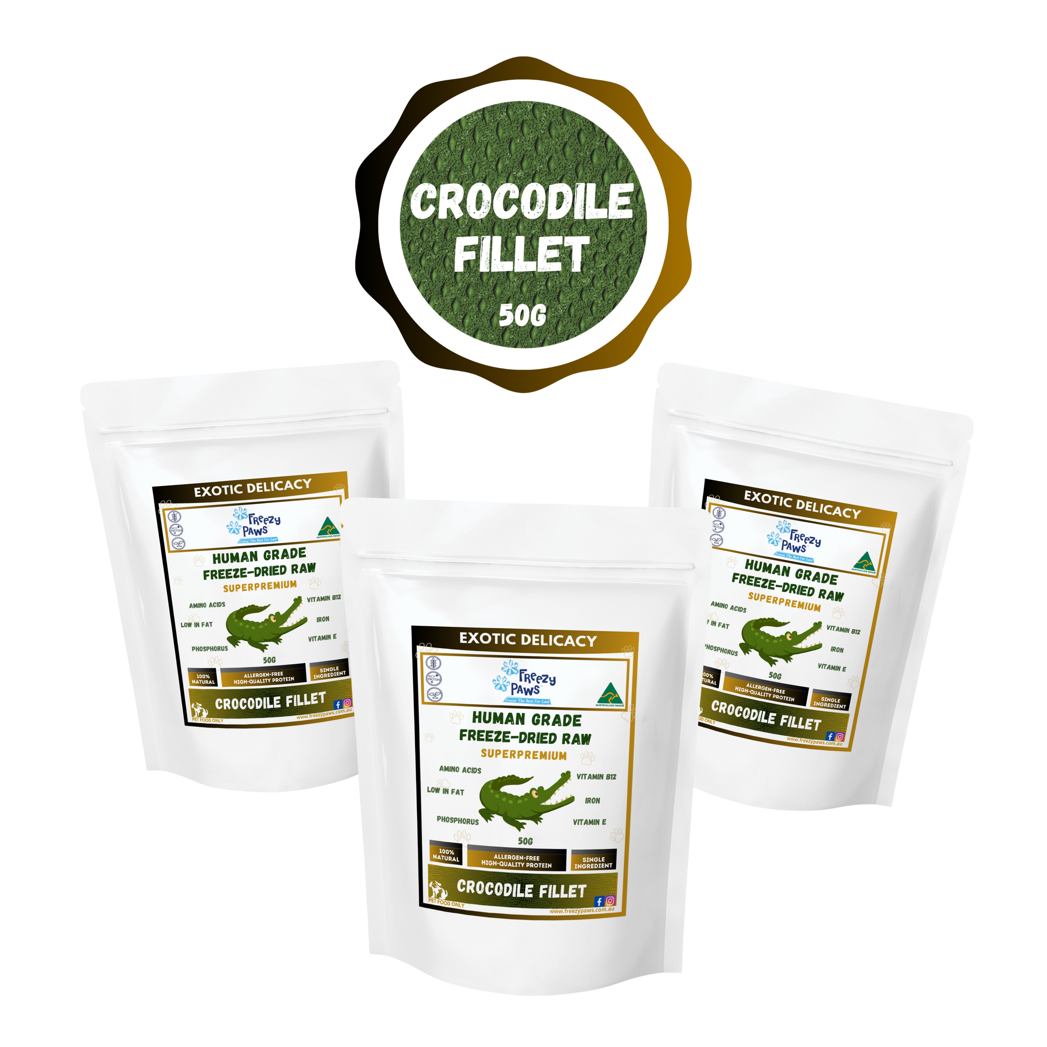 FP Human Grade Freeze-Dried Raw Crocodile Fillet Treats Bundle 50g x 3 (bulk buy 150g)