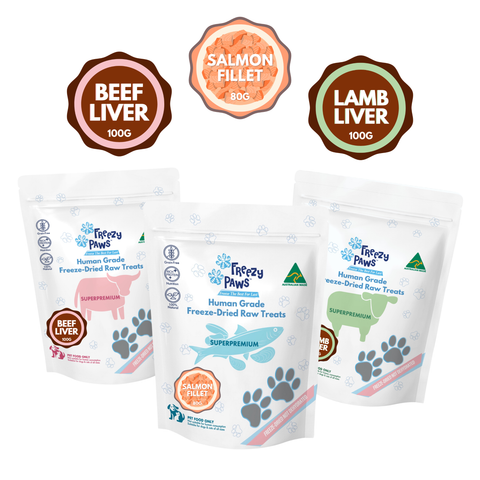 BestSeller Combo: Human Grade Freeze-Dried Raw Treats  x 3 bags (Salmon Fillet 80g, Lamb Liver 100g & Beef Liver 100g)