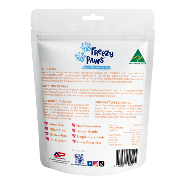 Freeze-Dried Raw Salmon Coated Chicken Heart Treats (100g)