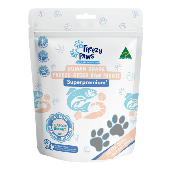 Freeze-Dried Raw Seafood Basket Treats Mix: Salmon, Prawn & Scallop (80g)