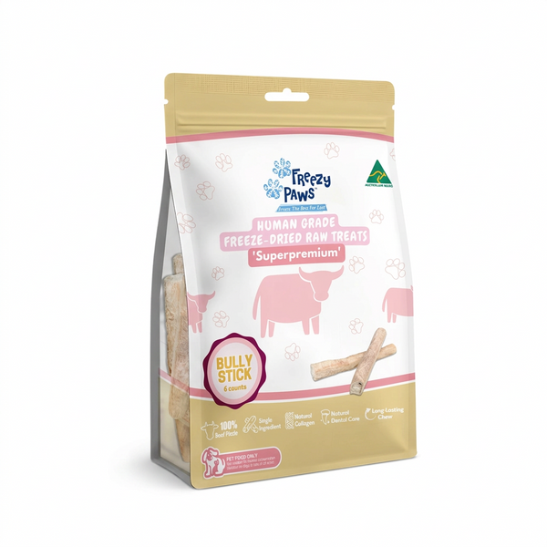 Freezy Paws Freeze-Dried Raw Beef Bully Stick STANDARD Dental Treats 16cm+ (6 counts)