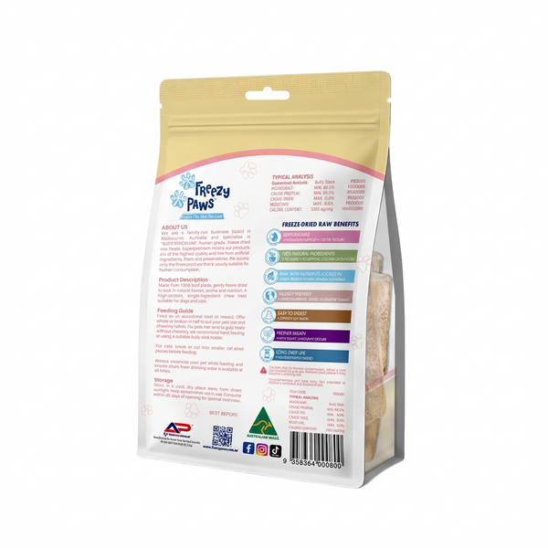 Freezy Paws Freeze-Dried Raw Beef Bully Stick STANDARD Dental Treats 16cm+ (6 counts)