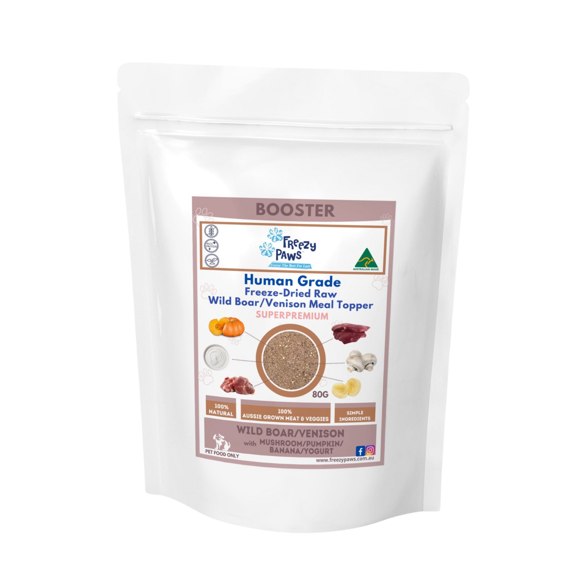 FP - Human Grade Freeze-Dried Raw Meal Toppers: Venison & Wild Boar w/Mushroom, Pumpkin, and Yogurt Mix (80g)