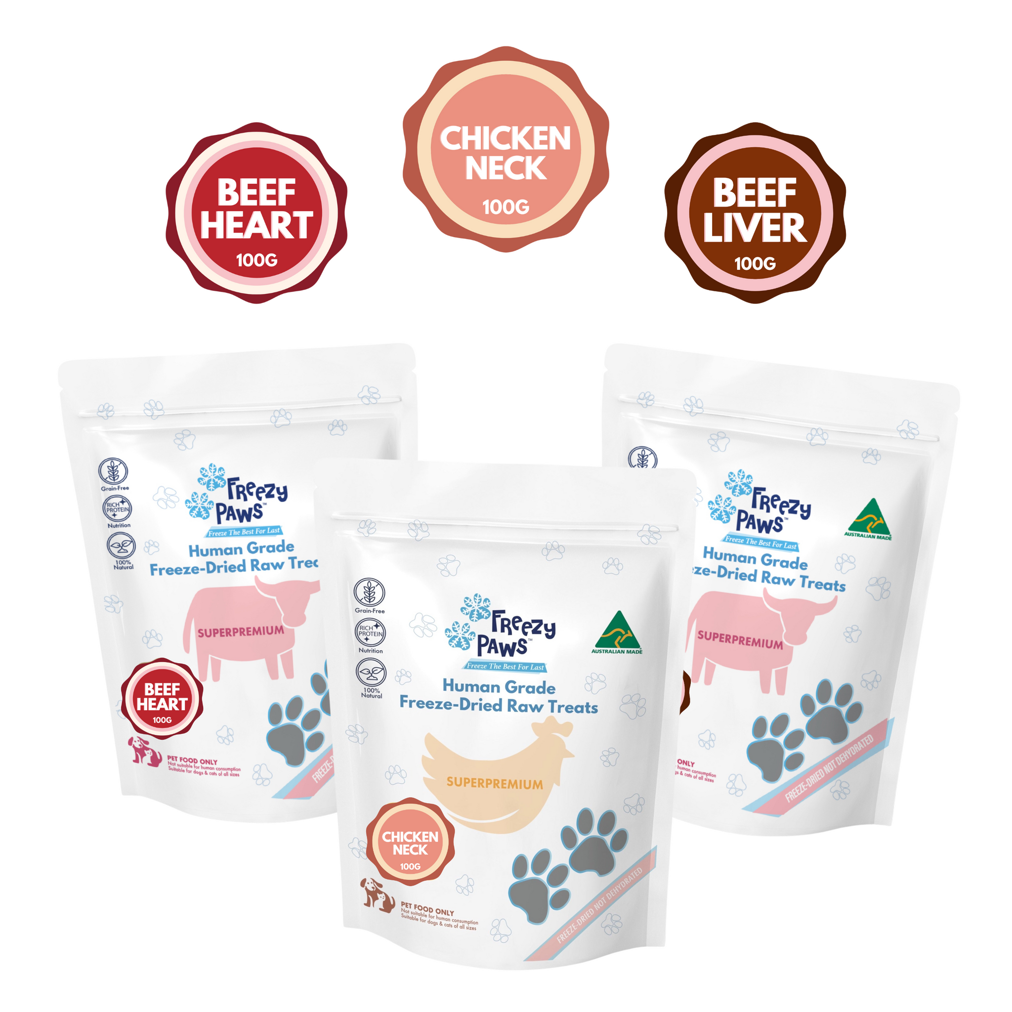 FreezyPaws Selection Combo: Human Grade Freeze-Dried Raw Treats (Beef Liver, Chicken Neck & Beef Heart) 100g x 3 bags
