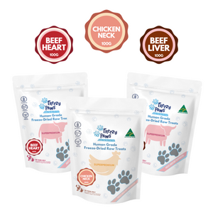 FreezyPaws Selection Combo: Human Grade Freeze-Dried Raw Treats (Beef Liver, Chicken Neck & Beef Heart) 100g x 3 bags