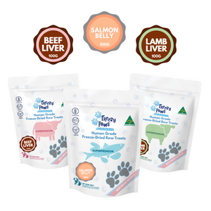 BestSeller Combo: Human Grade Freeze-Dried Raw Treats (Salmon Belly, Lamb Liver & Beef Liver) 100g x 3 bags