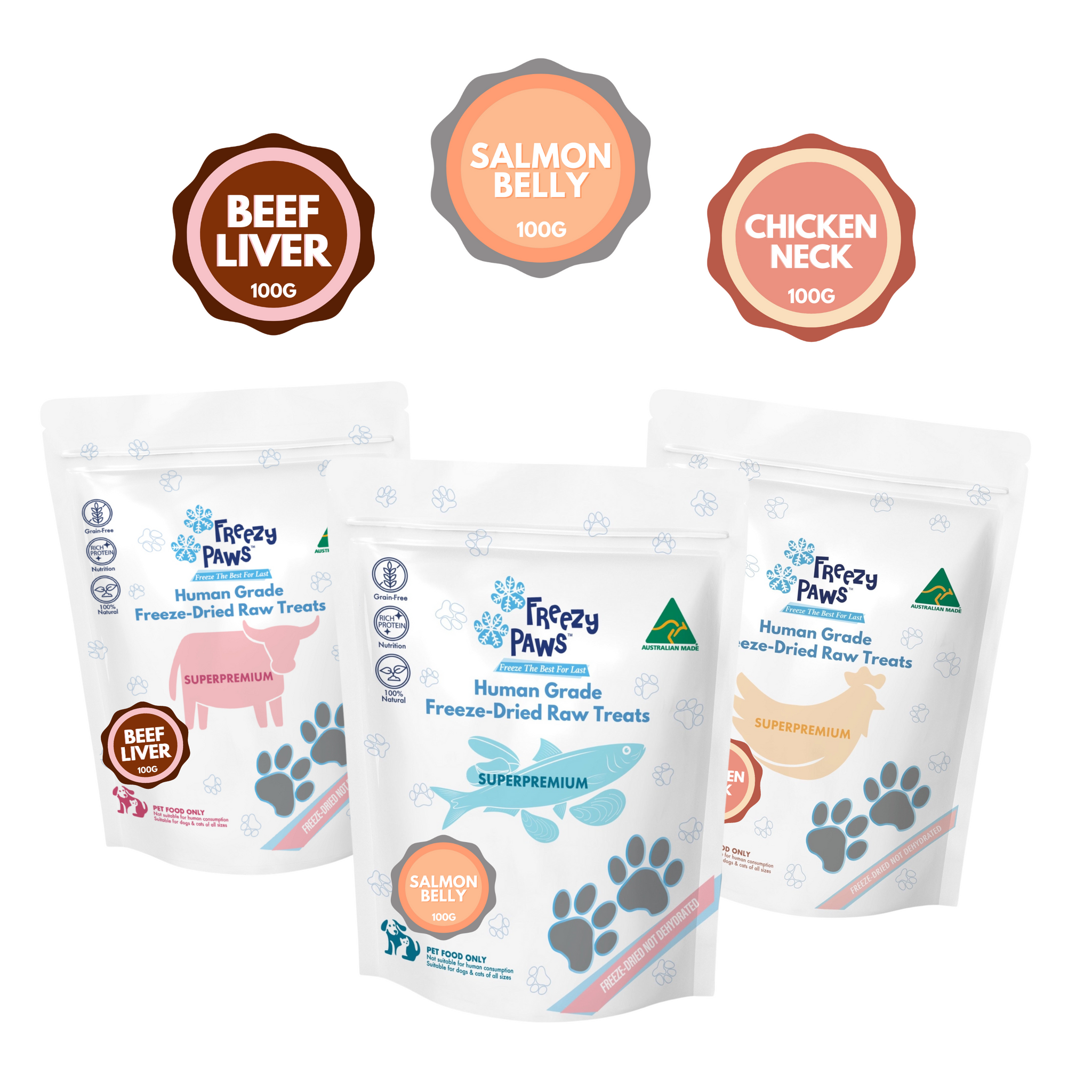 Super Deal Combo: Human Grade Freeze-Dried Raw Treats (Salmon Belly, Chicken Neck & Beef Liver) 100g x 3 bags