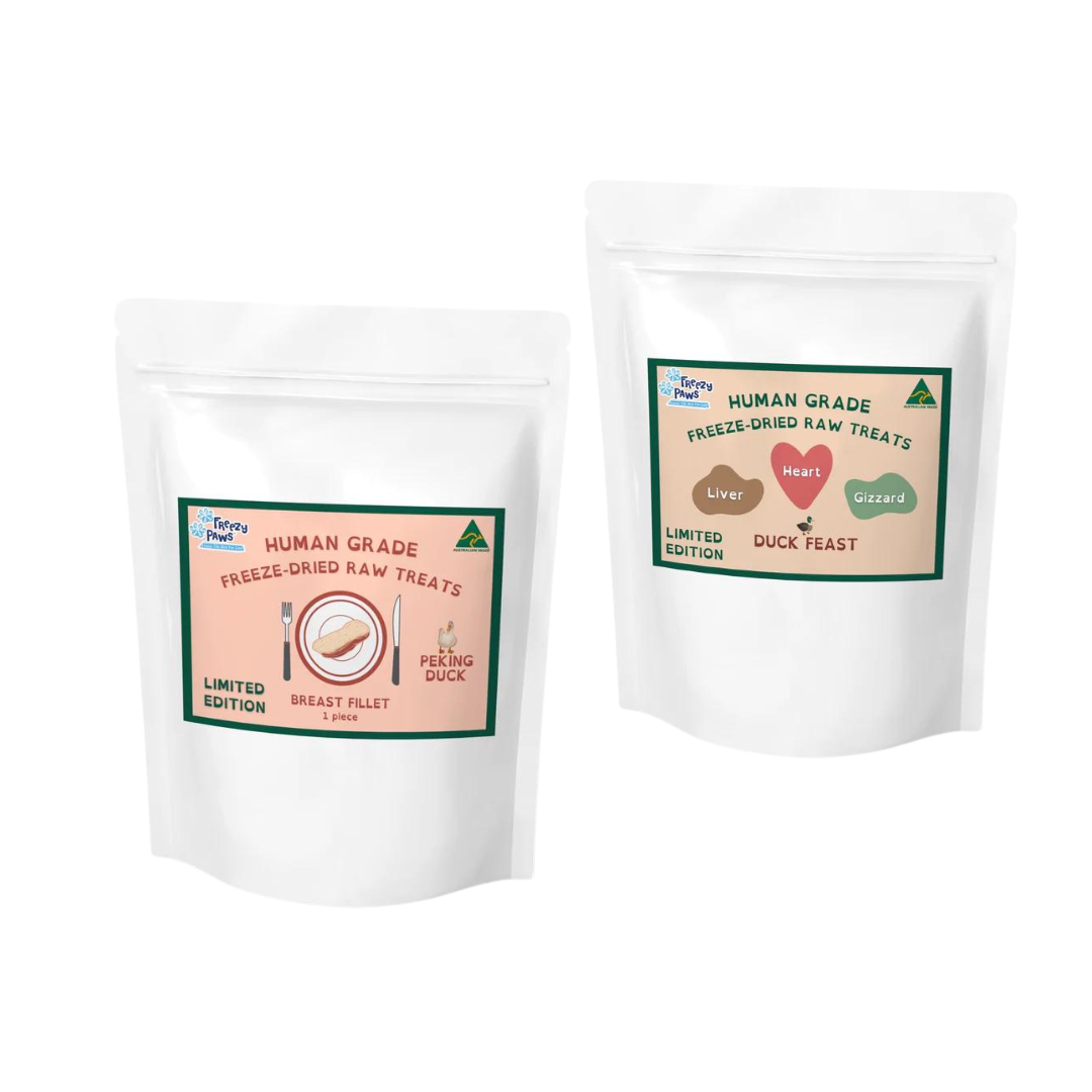 Duck Combo - Freezy Paws Human Grade Freeze Dried Raw Peking Duck Breast Fillet (Medium) + Duck Feast 70g (Liver, Heart & Gizzard)
