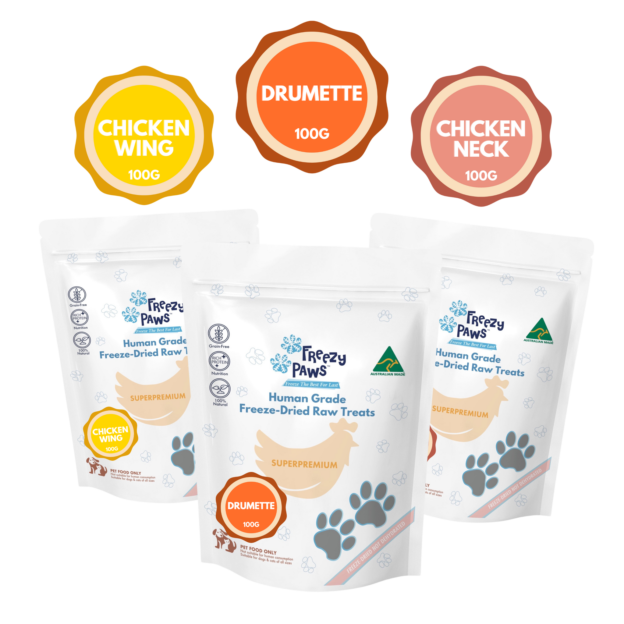 Chicken Dental Care Combo - FP Human Grade Freeze-Dried Raw Treats 100g x 3: Chicken Drumette, Chicken Neck & Chicken Wing