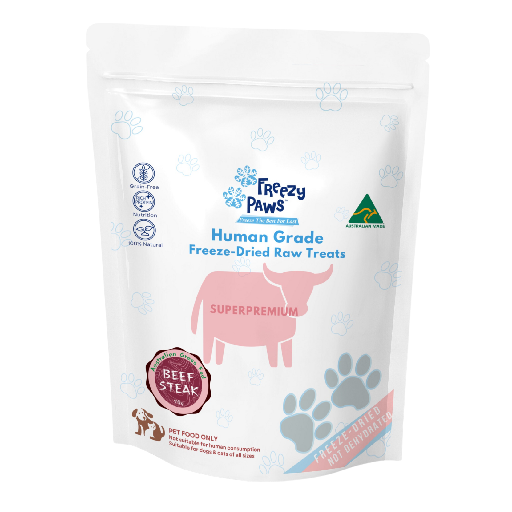 Freezy Paws Human Grade Freeze-Dried Raw Grass Fed Beef Steak Treats 70g