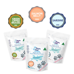 FP Seafood Combo: Human Grade Freeze-Dried Raw Treats x 3 bags (Salmon Belly, Green Lipped Mussel & Sardine)
