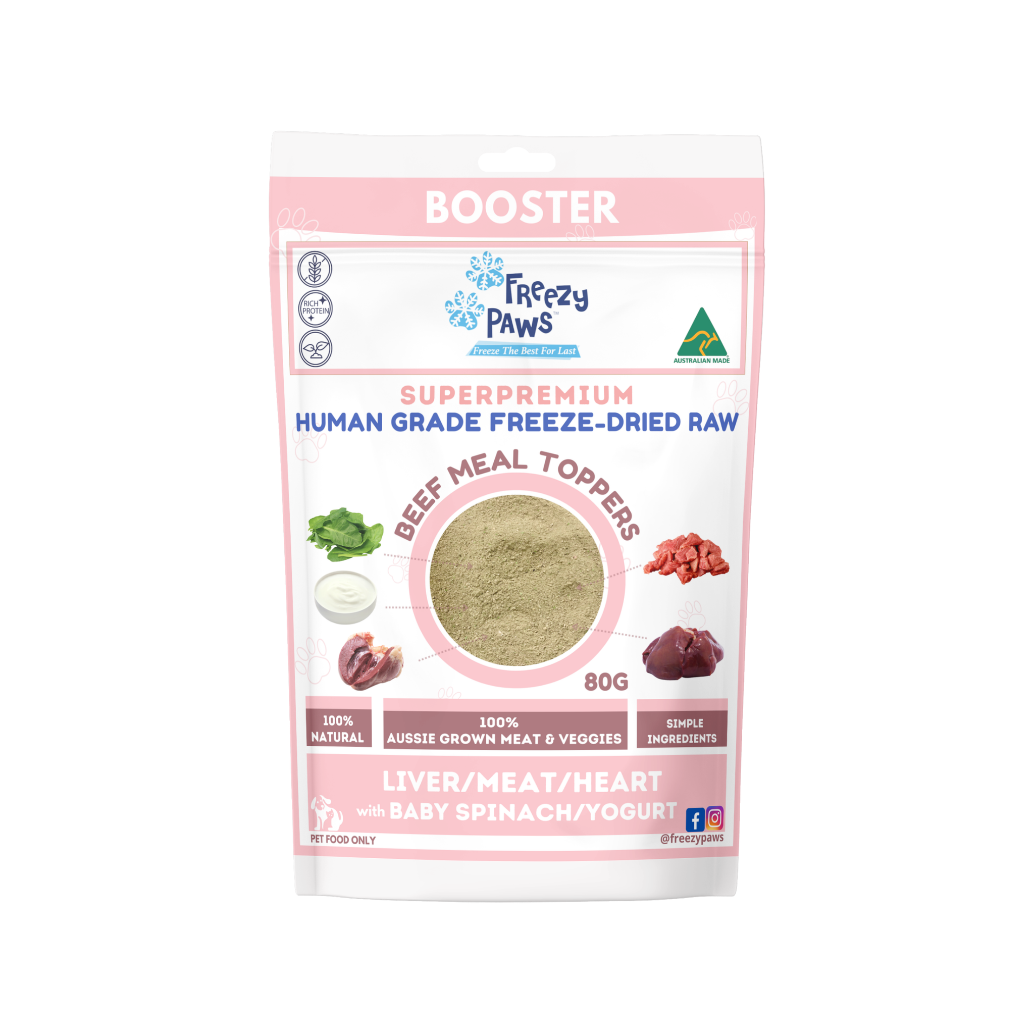 FP Human Grade Freeze-Dried Raw Beef Meal Toppers Mix: Liver, Meat, Heart, Spinach and Yogurt (80g)