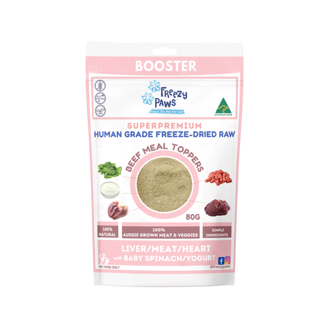 FP Human Grade Freeze-Dried Raw Beef Meal Toppers Mix: Liver, Meat, Heart, Spinach and Yogurt (80g)