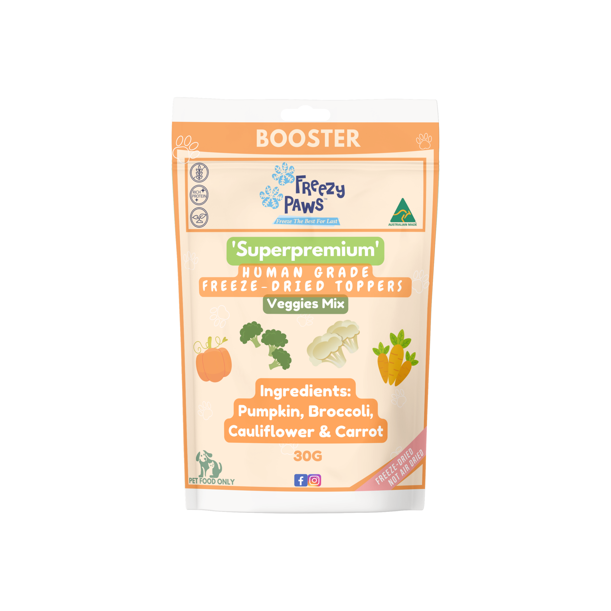 FP Human Grade Freeze-Dried Pure Veggies Meal Toppers: Pumpkin, Cauliflower, Broccoli & Carrot (30g)