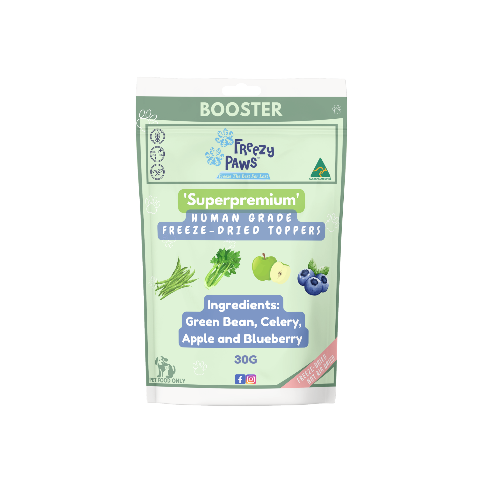 FP Human Grade Freeze-Dried Veggies/Fruits Meal Topper: Green Bean, Celery, Apple & Blue Berries (30g)