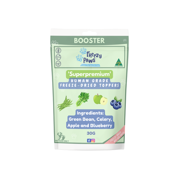 FP Human Grade Freeze-Dried Veggies/Fruits Meal Topper: Green Bean, Celery, Apple & Blue Berries (30g)