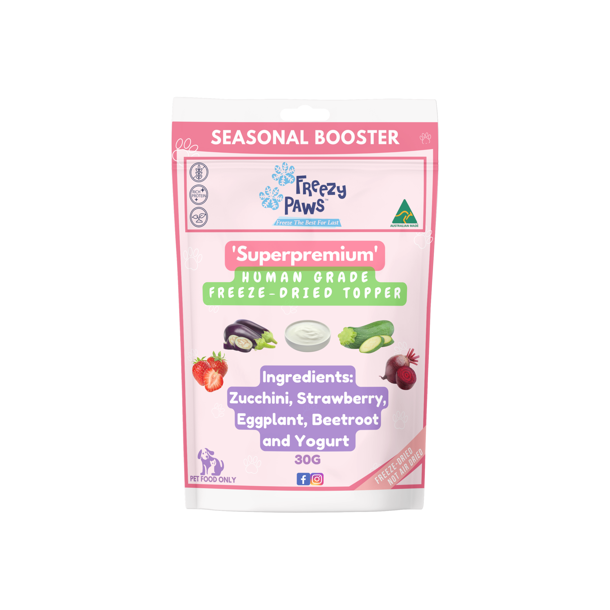 FP Human Grade Freeze-Dried Seasonal Fruits & Veggies Meal Toppers: Strawberry, Zucchini, Beetroot, Eggplant w/Yogurt Mix (30g)