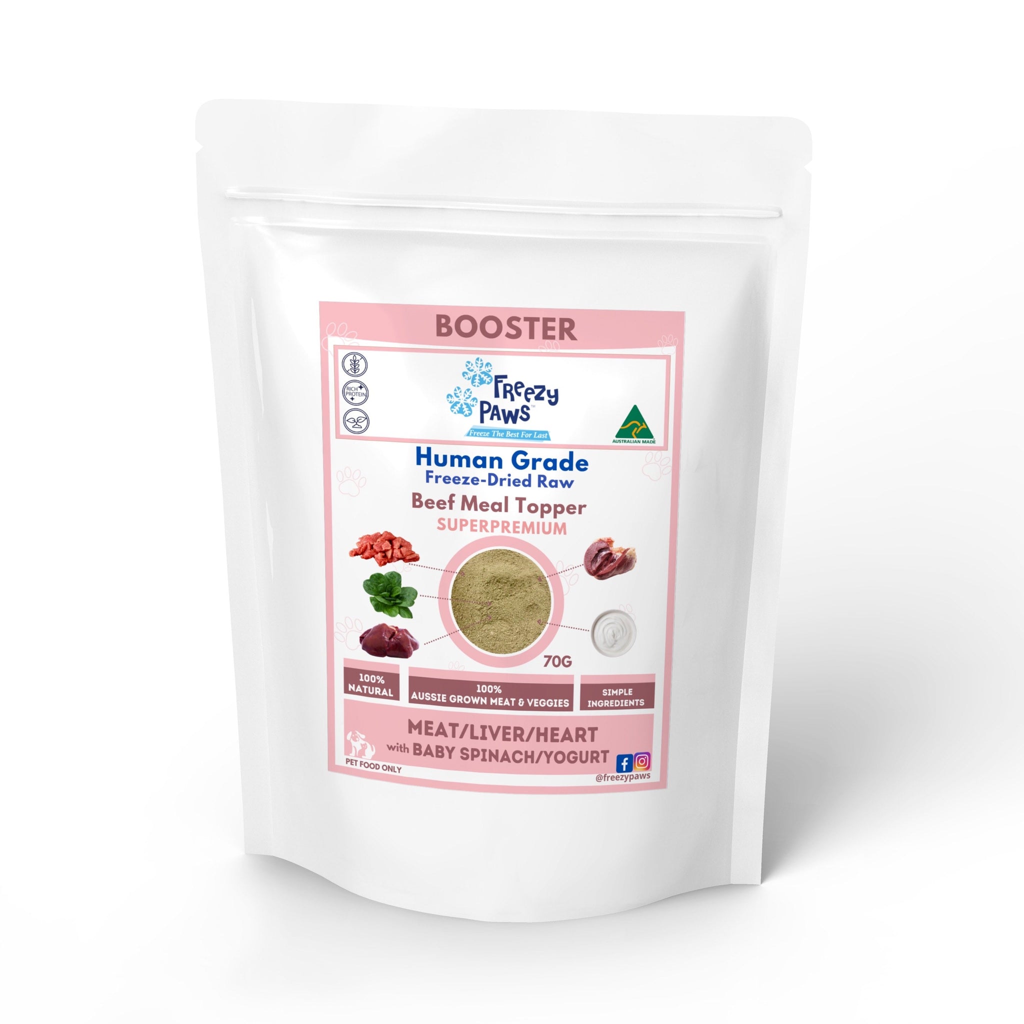 Freezy Paws Meal Topper Mix - Superpremium Human Grade Freeze-Dried Raw Beef Heart/Liver with Spinach and Yogurt Topper Mix 70g