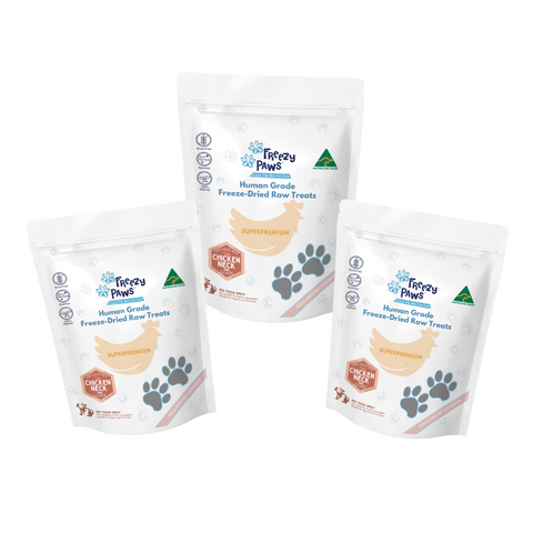 Freezy Paws Superpremium Human Grade Freeze-Dried Raw Salmon Coated Chicken Neck Treats 100g x 3 (TRIPLE PACK DEAL)