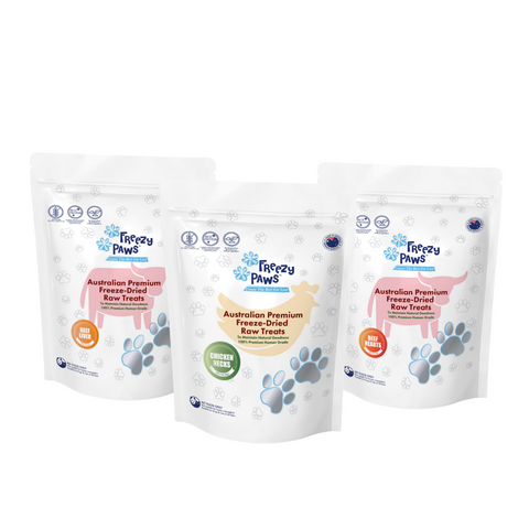 FreezyPaws Selection Combo - Superpremium Freeze-Dried Raw Treats 3 x 100g (Beef Liver, Chicken Neck & Beef Heart)