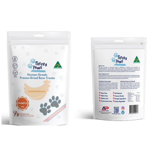 FreezyPaws Superpremium Human Grade Freeze-Dried Chicken Drumette Raw Treats 100g