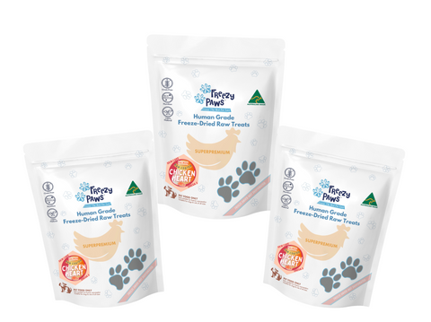 Freezy Paws Superpremium Human Grade Freeze-Dried Raw Salmon Coated Chicken Heart Treats 100g x 3 (TRIPLE PACK DEAL)