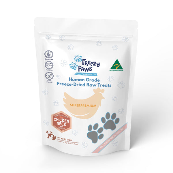 FreezyPaws Superpremium Human Grade Freeze-Dried Raw Salmon Coated Chicken Neck Treats 100g