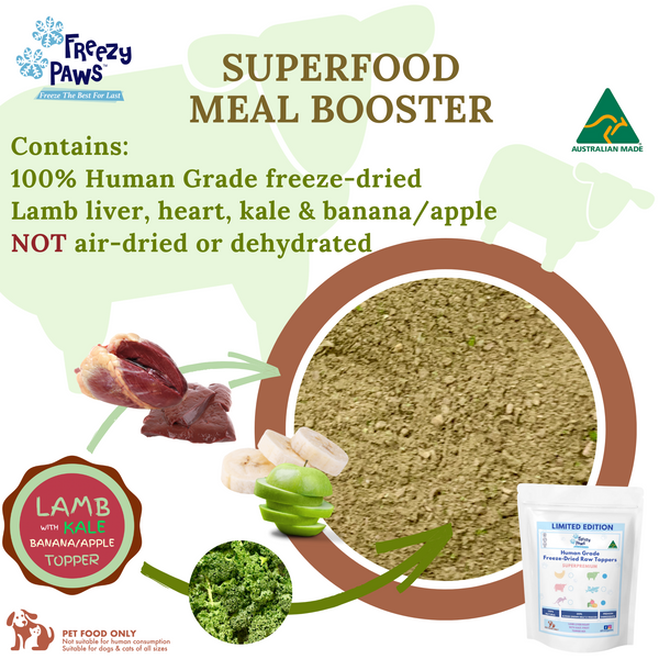 Freezy Paws Meal Topper Mix - Superpremium Human Grade Freeze-Dried Raw Lamb Heart/Liver with Kale and Fruit Mix 70g