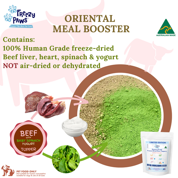 Freezy Paws Meal Topper Mix - Superpremium Human Grade Freeze-Dried Raw Beef Heart/Liver with Spinach and Yogurt Topper Mix 70g